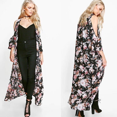 

New Women Chiffon Loose Cardigan Open Front Floral Print 34 Sleeves Thin Vintage Casual Outerwear Black