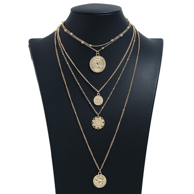 

2019 Multi-layer Carved Coin Bracelet Bohemian Necklace Vintage Alloy Beads Angel Sunflower Pendant Long Necklace For Women Jewe