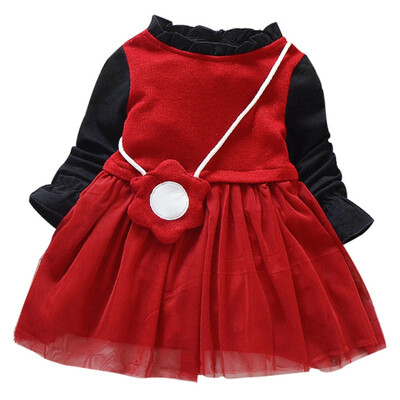 

Spring Autumn New Baby Girl Sweet Solid Color Long Sleeve Tutu Dresses Cotton Mesh Comfortable Macrame Collar With Bag Dresses
