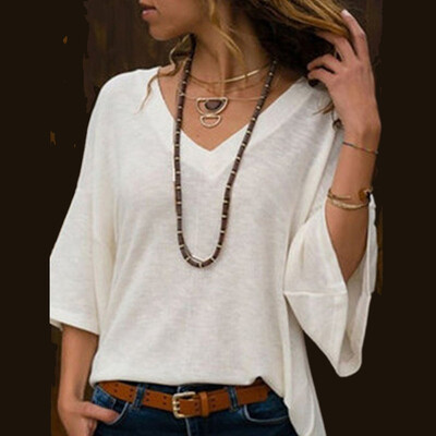 

Womens V Neck Loose Tops Solid 34 Sleeve Shirt Summer Casual Blouse Basic Tee