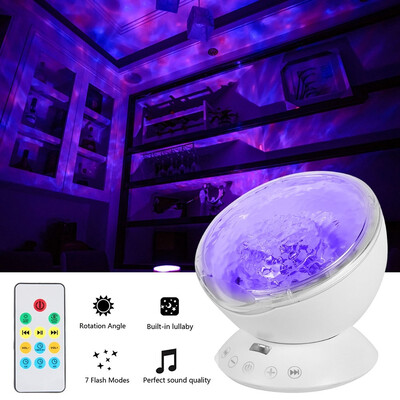 

Remote Control LED Projector Night Light with Built-in Mini Music Player Multicolor Ocean Wave Night Lamp Effect Projector