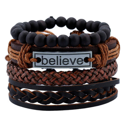 

New Fashion Beads Handmade Woven Wrap Leather Bracelets Believe Feathers Anchor Bracelets Vintage Male Jewelry Accessories