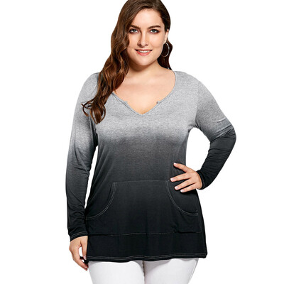 

Plus Size Kangaroo Pocket Long Sleeve Ombre T-shirt