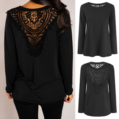 

Nomeni Fashion Womens Long Sleeve O Neck Hollow Out Lace Patchwork Causal Tops Blouse