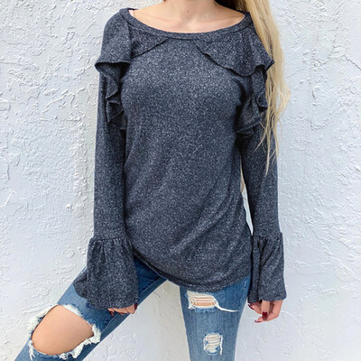 

Tailored Womens Fashionable Round-Necked Plain-Coloured Long-Sleeved Horn Cuff Blouses