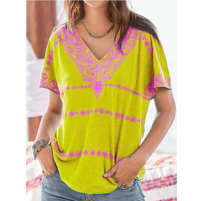 

Starmoon Womens Short Sleeve Bohemia Geometric Print Top Blouse T-shirt Clothes