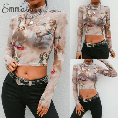

Womens Print Mesh Sheer See Through Sexy T-shirt Crop Top Blouse Tee