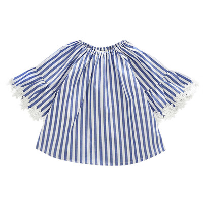 

Autumn Children Baby Girl T-Shirt Short Flare Sleeve Stripe Pattern Lace Design Casual T-Shirt Tops Blouse