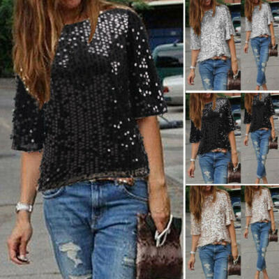 

Women Girls Glistening Sequin Loose Shirt Tops Casual Blouses Women T Shirts