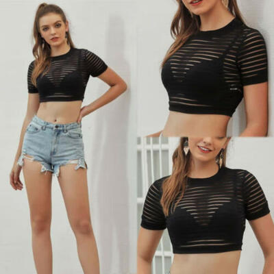 

Women Sheer Mesh Fish Net Short Sleeve Turtle Neck See Crop Top T-Shirt Blouse