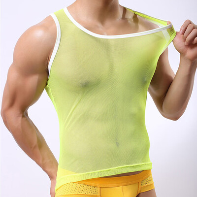 

Party Tops Vest Sleeveless Round Neck Shirt Men Male Thin Hollowed Fishnet Lace