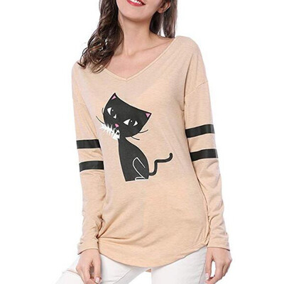

Starmoon Fashion Women Casual Cat Splice Loose Long Sleeve V-Neck T-shirt Tops
