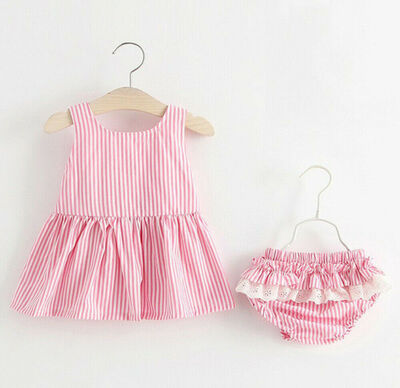 

Cute Newborn Infant Kid Baby Girl Striped Bow Dress Ruffle Short Pant 2pcs