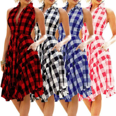 

UK Women Summer Short Casual Party Pleated Dress Sleeveless OL Plaid Shirt Dress