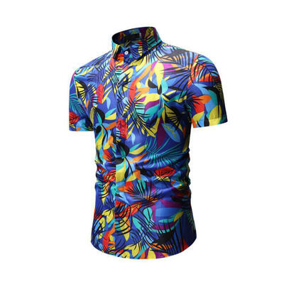 

Male Fashion Casual Thin Shirt Retro Cotton Short-sleeve Shirts With Colorful Plant Pattern For Men
