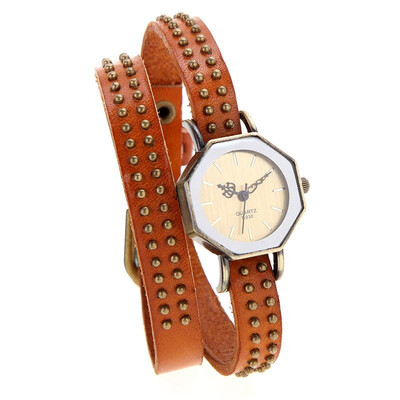 

Women Lady Quartz Wrist Watch Vintage Rivets Octagon Bronze Wrap Strap Bracelet