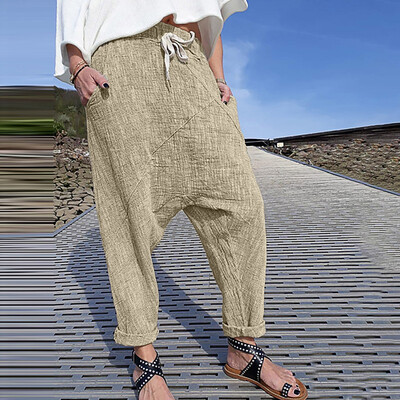 

Women Plus Size Pure Color Pocket Wide Leg Pants Cotton Linen Trousers
