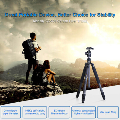 

Manbily CZ-308 Professional Portable Carbon Fiber Tripod Kit Large-Diameter 4 Sections DSLR Camera Tripod Includes KF-0 Ball Head