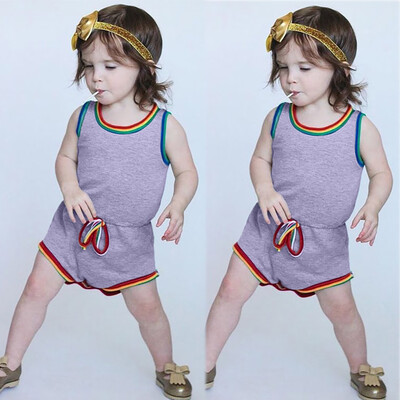 

Infant Baby Sister Girls Sleeveless Rainbow Solid Bow Bodysuit Romper Clothes