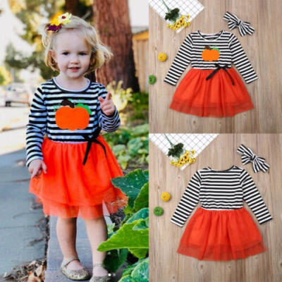 

UK Halloween Baby Kids Girls Dress Pumpkin Long Sleeve Striped Tulle Party Dress