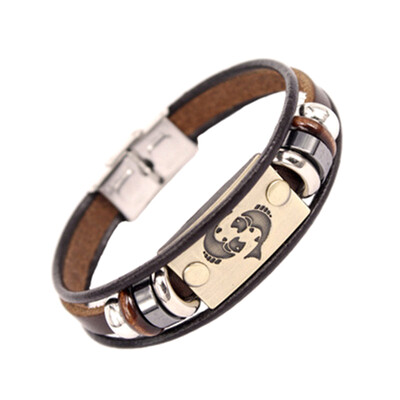

Fashion 12 Constellation Signs Bracelet with Stainless Steel Clasp Leather Bracelet