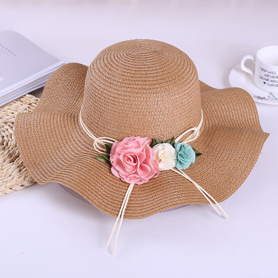 

South Korea hand-woven wave edge straw hat bow beach sun hat beach vacation photo sun hat woman