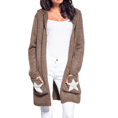 

Toponeto Womens Long Sleeve Hooded Cardigan Star Patchwork Open Front Cardigan Sweater