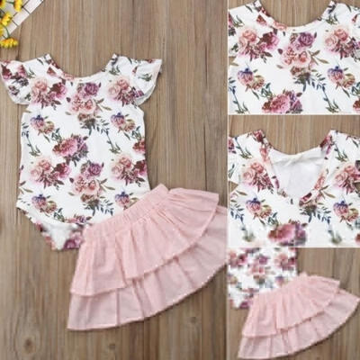 

2Pcs Summer Newborn Baby Girls Floral Printed Short Sleeve Tops Romper Solid Tutu Skirts Outfits 0-18M