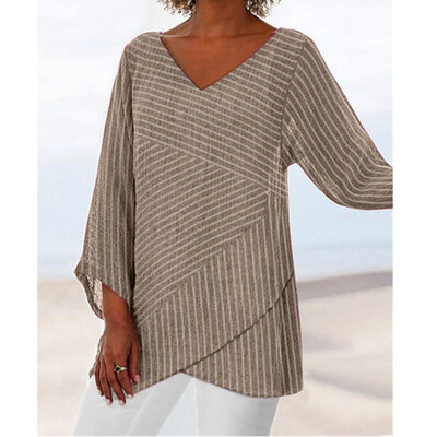 

Women Casual Loose Cotton Linen Striped Long Sleeve Long Shirt Blouse Tunic Tops
