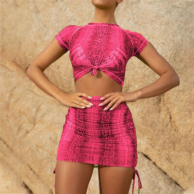 

Women 2PC Snakeskin Club Outfits Short Sleeve T Shirt TopMini Skirt Bodycon