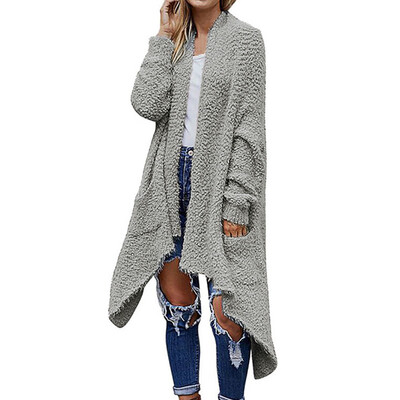 

Women Long Thick Cardigan Tops Coat Solid Color Loose Pocket Irregular Outwear