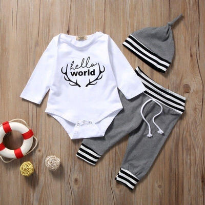

3PCS Newborn Baby Boy Girl Long Sleeve Clothes Cotton Tops Pants Hat Outfits Set