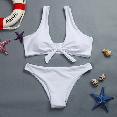 

Roseonmyhand Women Knotted Padded Thong Bikini Mid Waisted Scoop Swimsuit Beach Swimwear