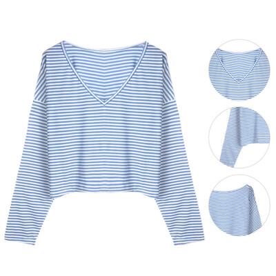 

Autumn Women Deep V-Neck Pinstripe Tops 2019 New Fashion Long-Sleeve T-Shirt Casual Loose Short Top Tees -XL