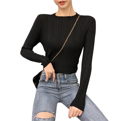 

Solid Color Knitted Sweater Elastic Women Long Sleeve Slim Bottoming Tops