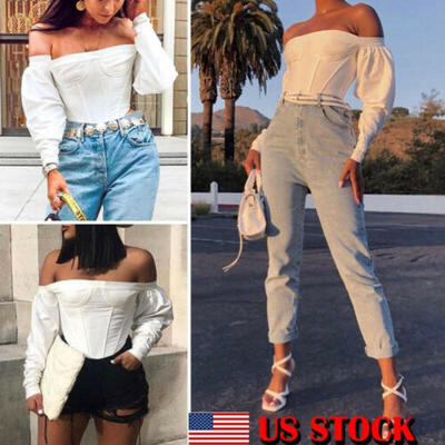 

Womens Off Shoulder Shirt Crop Tops Long Sleeve Blouse Jumper Vest Cami Tank Top