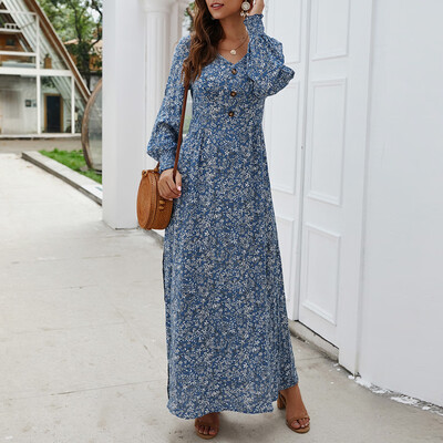 

Tailored Womens Fashion Ladies Long Sleeves Floral Print V-Neck Casual Long Dress