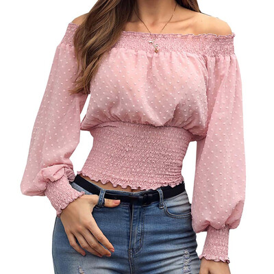 

New Women Fashion One word shoulder Lantern sleeve Frill Hem Blouse Long Sleeve Ladies Tops