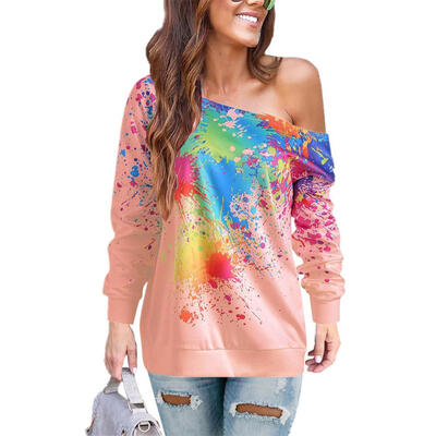 

Women Autumn Sexy One Shoulder T-shirt Spray Paint Print Casual Ladies Tops