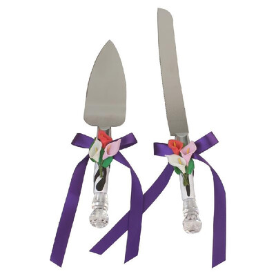 

Stainless Steel Wedding Cake Knife & Server Set Crystal Handle Cake Cutter with Flower Decoration for Wedding Anniversary Birthday