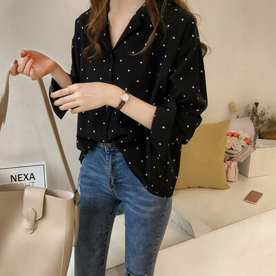 

Womens Fashion Polka Dot Printed Lapel Shirt Long-sleeve Tops Casual Tee Shirts