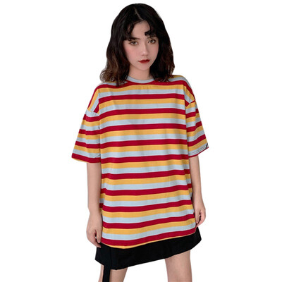 

Harajuku Loose Women Short Sleeve T-Shirts Womens BF Striped Female T-shirt Females Korean Style Casual Students Top
