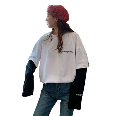 

T-Shirt Women Autumn Solid Loose Long Sleeve T-Shirt Fake Two Pieces Ladies Tops Letter Print Casual Simple Female T-Shirt