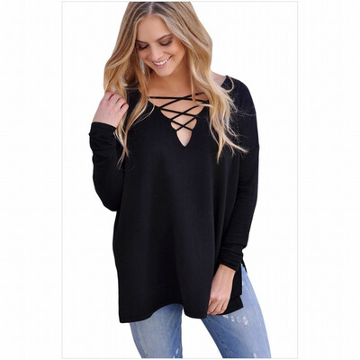 

V-neck cross strap long-sleeved side slit warm casual knit sweater