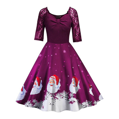 

Fashion Casual Christmas Santa Print Lace Stitching Dress Half Sleeve V-Neck Big Swing Party Dress