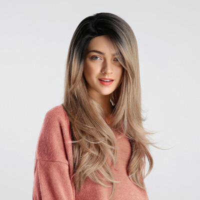

Gobestart Gradient Black Wig Lady Long Curly Hair Synthetic Wig Fashion Wavy Wigs Cap