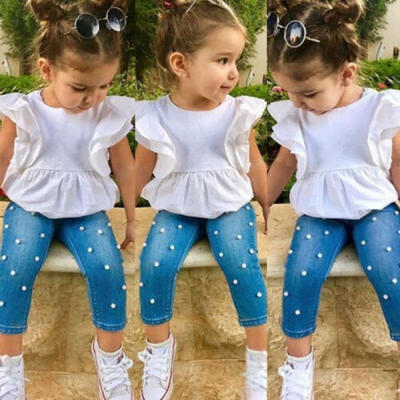 

AU 2Pcs Toddler Kids Baby Girls Ruffle Tops T-shirt Denim Pants Outfit Clothes