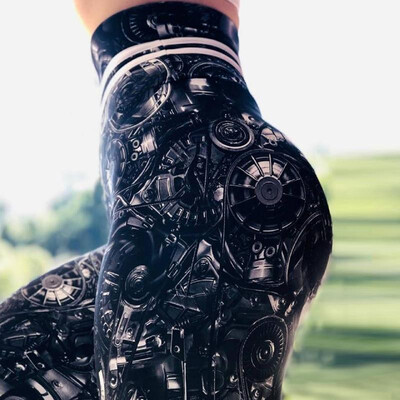 

Cross-border new European&American mechanical gear digital printing yoga leggings hip high waist running fitness pants gear