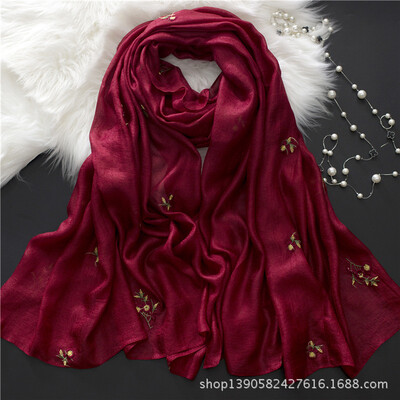 

New Dutch linen long sunscreen beach towel shawl cotton&linen solid color scarf pearl light embroidered silk scarf female