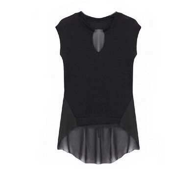 

New Fashion Women Knitted T-shirt Faux Two-Piece Patchwork Sleeveless Irregular Blouse Tops Black